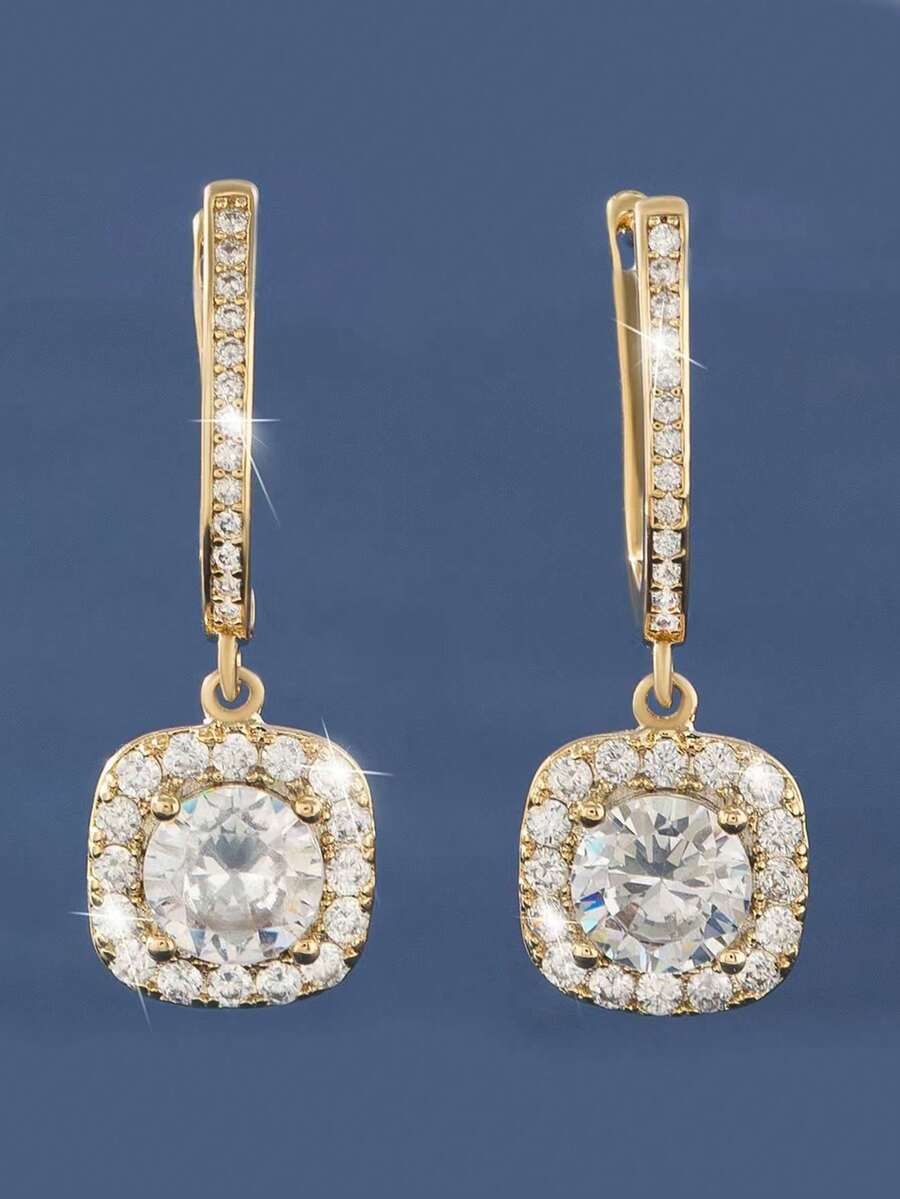 1 Pair Luxury Cubic Zirconia Square Earrings, Elegant High-End Bridal Earrings, Square Zirconia Inlaid Cross-Border Earrings - Gold - View 1
