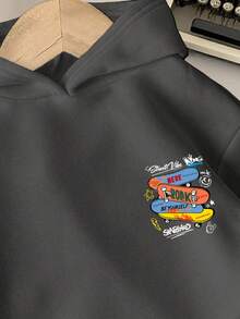 Young Boy Cartoon Pattern Warm Sweatshirt - Dark Grey - View 3