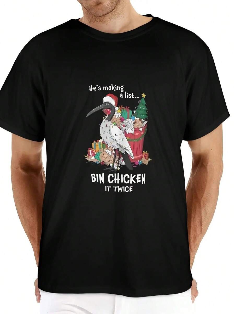 Camiseta divertida de lista de pollos de cuervo australiano para hombres - Escribiendo una lista... Eslogan "Bin Chicken Twice" y estampado de pájaro, camiseta negra casual de cuello redondo para regalos de Navidad, ropa humorística - Negro - Ver 1