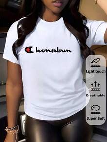 Camiseta de mujer de manga corta con cuello redondo, holgada, casual y versátil. Con estampado moderno, elegante y sofisticado de letras simples, ideal como prenda básica; confeccionada en tela suave con excelente caída. - Blanco-3 - Ver 2