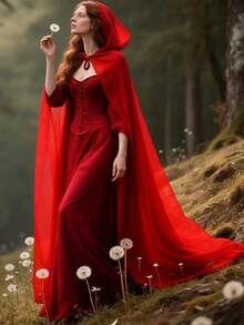 白色雪纺连帽斗篷新娘披肩复古森林女王风格婚纱角色扮演斗篷披肩，适合派对、新娘装扮、摄影道具 - 彩色 - 查看 2