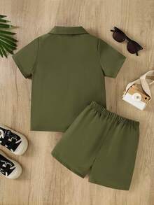 2pcs/Set Young Boys Colorblock Letter Print Button-Down Short Sleeve Shirt And Solid Simple Comfortable Shorts, Summer - Olive Green - View 2
