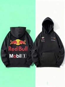 Unisex "Red Bull Racing X Mobil 1" F1 Team Print Hooded Sweatshirt With Pockets - Comfortable And Soft For Autumn/Winter Streetwear - 黑色 - 查看 1
