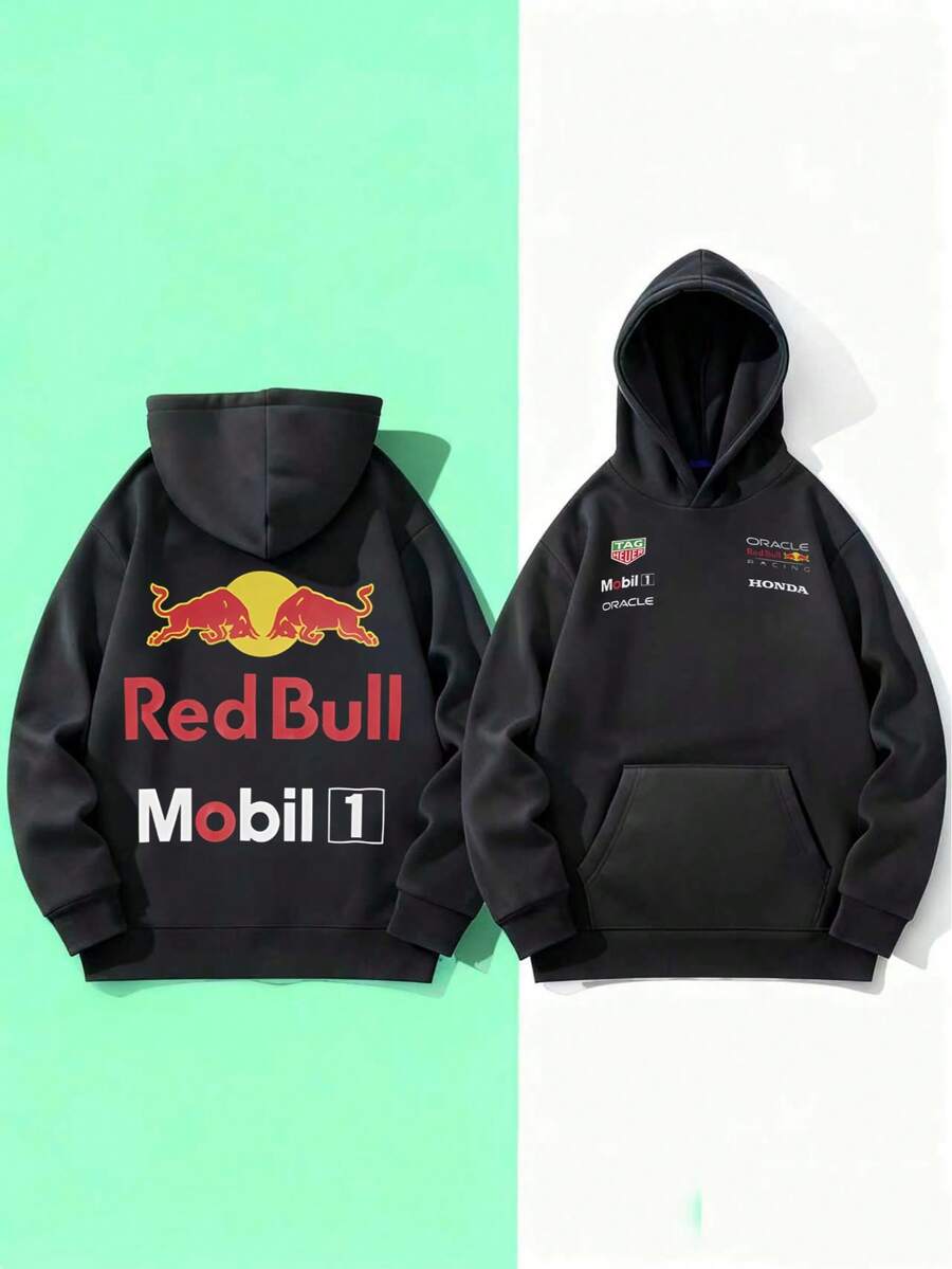 Unisex "Red Bull Racing X Mobil 1" F1 Team Print Hooded Sweatshirt With Pockets - Comfortable And Soft For Autumn/Winter Streetwear - 黑色 - 查看 1