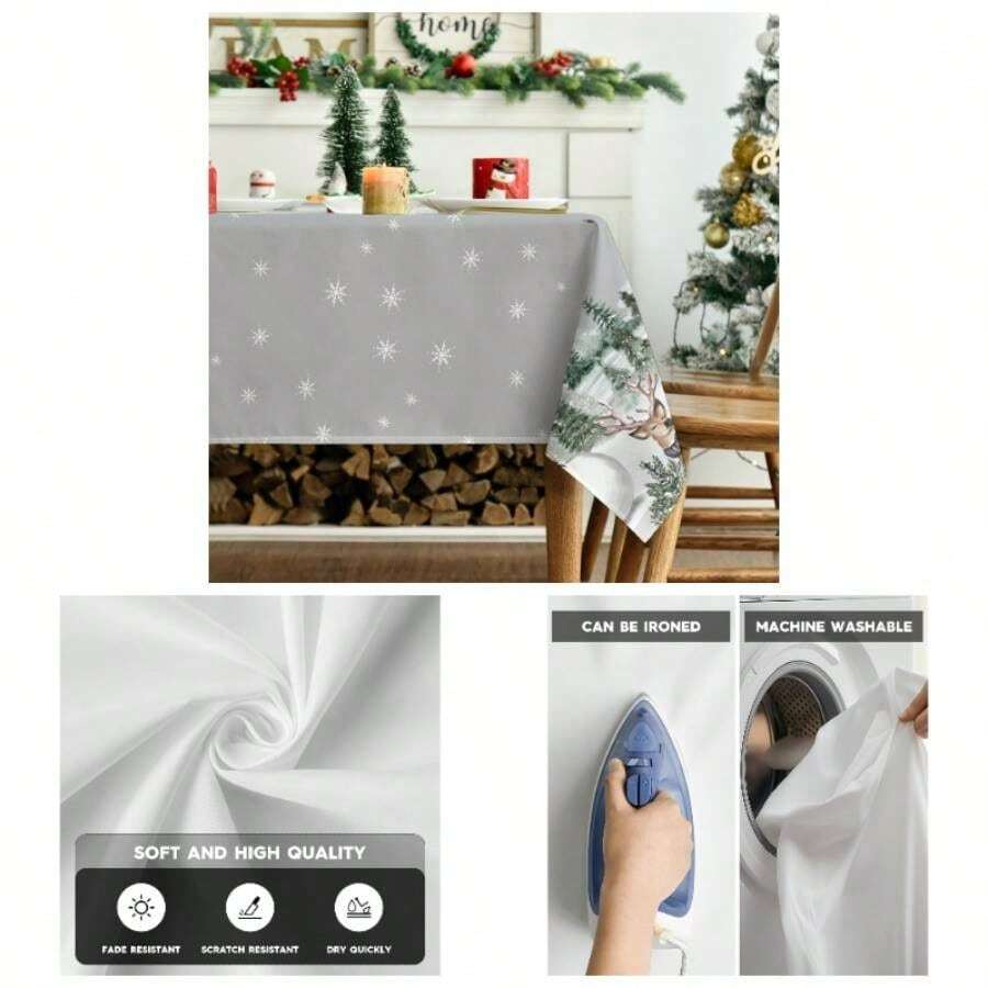 - Mantel de Navidad rectangular, 60x 84 pulgadas, ciervos, mueco de nieve, rboles, gris, lavable, para, picnic, cena, decoracin - 152,4 x 213,4 cm (Rectangular) + Gris - Ver 1