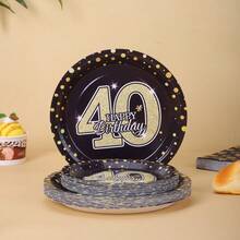 40th Birthday Gold Polka Dot Disposable Plates, Napkins, Cups - Party Supplies For 16 Guests, Disposable Paper Plates Suitable For Birthday, Wedding, Party, Family Picnic - Multicolor - View 3