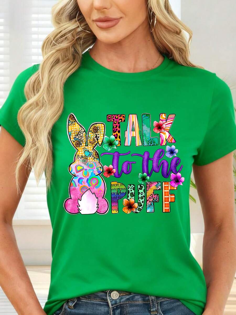T-Shirt With Colorful Rabbit Print And The Phrase "Talk To The Puff" For Spring And Easter - Green - View 1