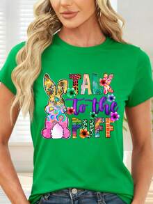 T-Shirt With Colorful Rabbit Print And The Phrase "Talk To The Puff" For Spring And Easter - Green - View 6
