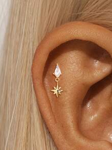 1pc 925 Sterling Silver Flat Back Stud Earrings For Women Hypoallergenic Tragus Helix Cartilage 18K Gold Plated Conch Nose Earring Helix Tragus Piercing Jewelry - Gold - View 6