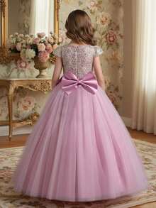 Girls Sequin Embroidered Bodice Tulle Ball Gown Dress With Glitter Skirt Short Sleeves And Big Bow Back Princess Flower Girl Dress For Wedding Birthday Pageant Formal Occasion - 藕粉色 - 查看 2