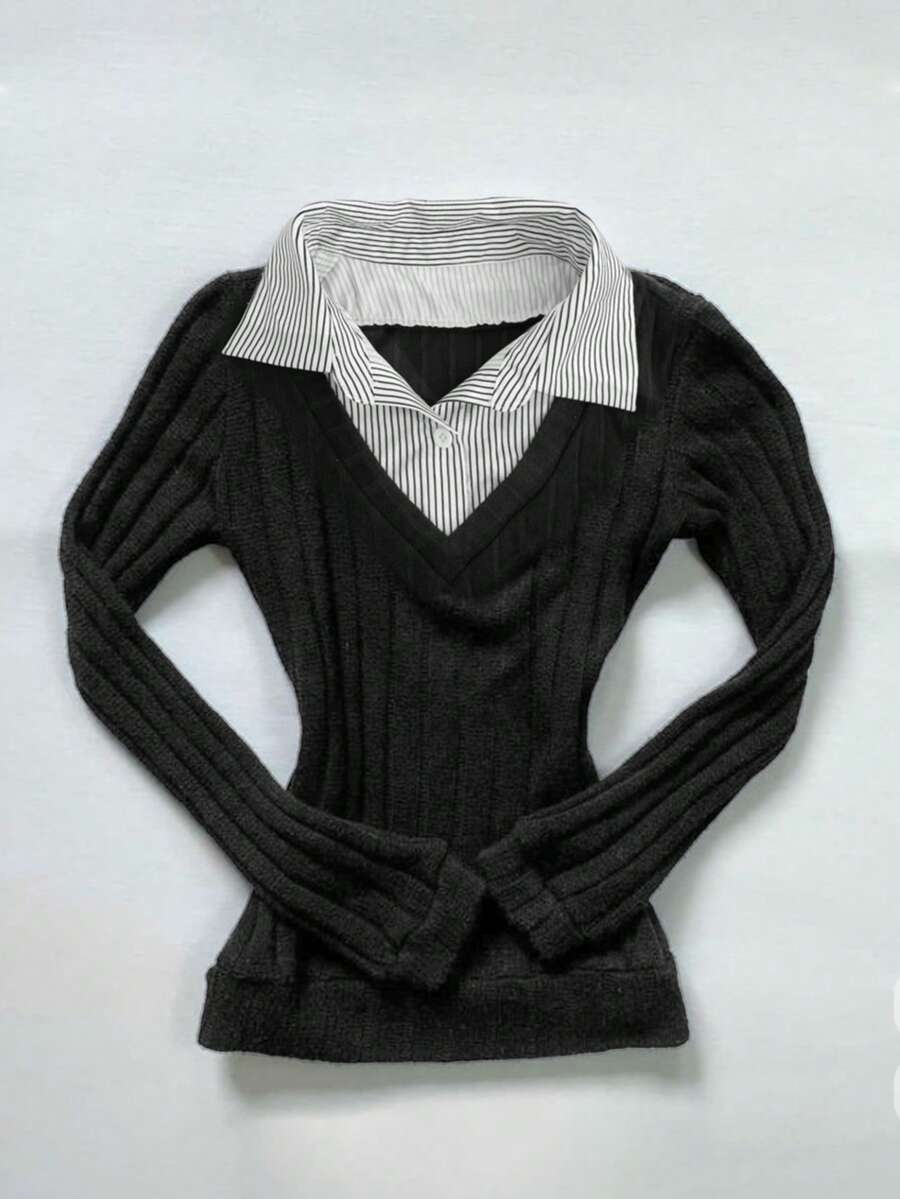 Women's Affordable Casual Top, Striped 2 In 1 Design, Slim Fit Versatile, Suitable For Daily Layering Or Outerwear Black Spring