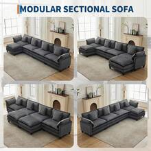3-Seater Modular Sectional Sofa With 2 Ottomans, Corduroy Deep Seat Couch, Double Layer Cushion, Plush Backrest & Armrest Pillow, Cozy Cloud Couch For Living Room Apartment  146.5" L Modular Sectional Sofa With Ottoman, Corduroy Cloud Couch U-Shaped, Deep Seat Comfy Couch For Living Room, Movable Ottoman & Pillows  112 In U Modular Sectional Sofa, Corduroy Cloud Couch With Movable Ottoman & Throw Pillows, Modern L/U-Shaped Sofa, Comfy Deep Seat Couch For Living Rooms, Offices, Bedroom And Apartment - 灰色-146.5"-L Shape 4 Seats - 查看 2