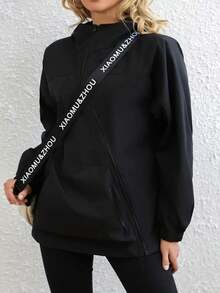 2025 Spring And Autumn New Loose Hooded Jacket With Diagonal Zipper And Large Pocket Design For Women - Black - View 4