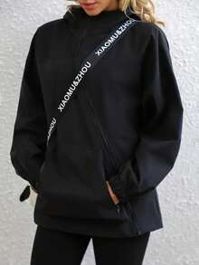 2025 Spring And Autumn New Loose Hooded Jacket With Diagonal Zipper And Large Pocket Design For Women - Black - View 1