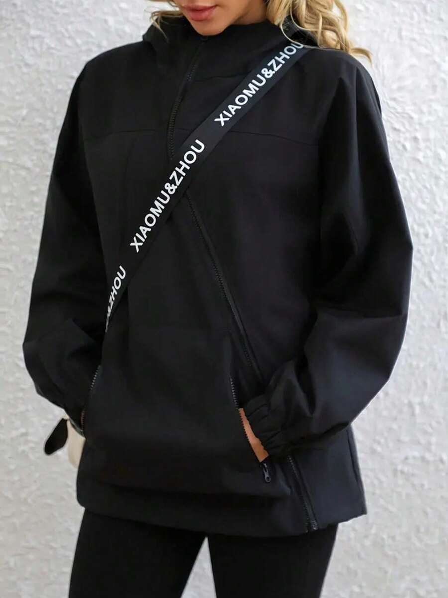 2025 Spring And Autumn New Loose Hooded Jacket With Diagonal Zipper And Large Pocket Design For Women - Black - View 1