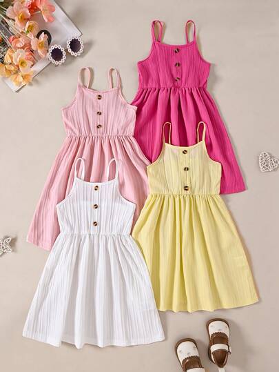 4pcs Girls' Sleeveless Knit Strap Dresses, Summer New Arrivals, Multiple Colors, Sweet & Casual, Versatile Design, Button Decor, Fashionable