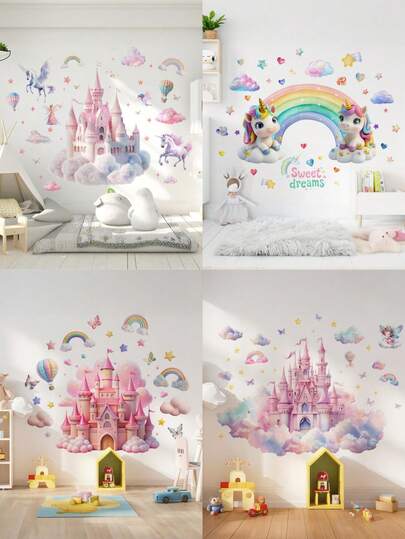 1 pieza Pegatinas de pared con diseño de castillo arcoíris de dibujos animados lindos para niñas, calcomanías de arte de pared autoadhesivas con unicornio, hada, mariposa y nube para decoración de habitación de niñas, habitación de bebé, habitación de niños pequeños y sala de juegos