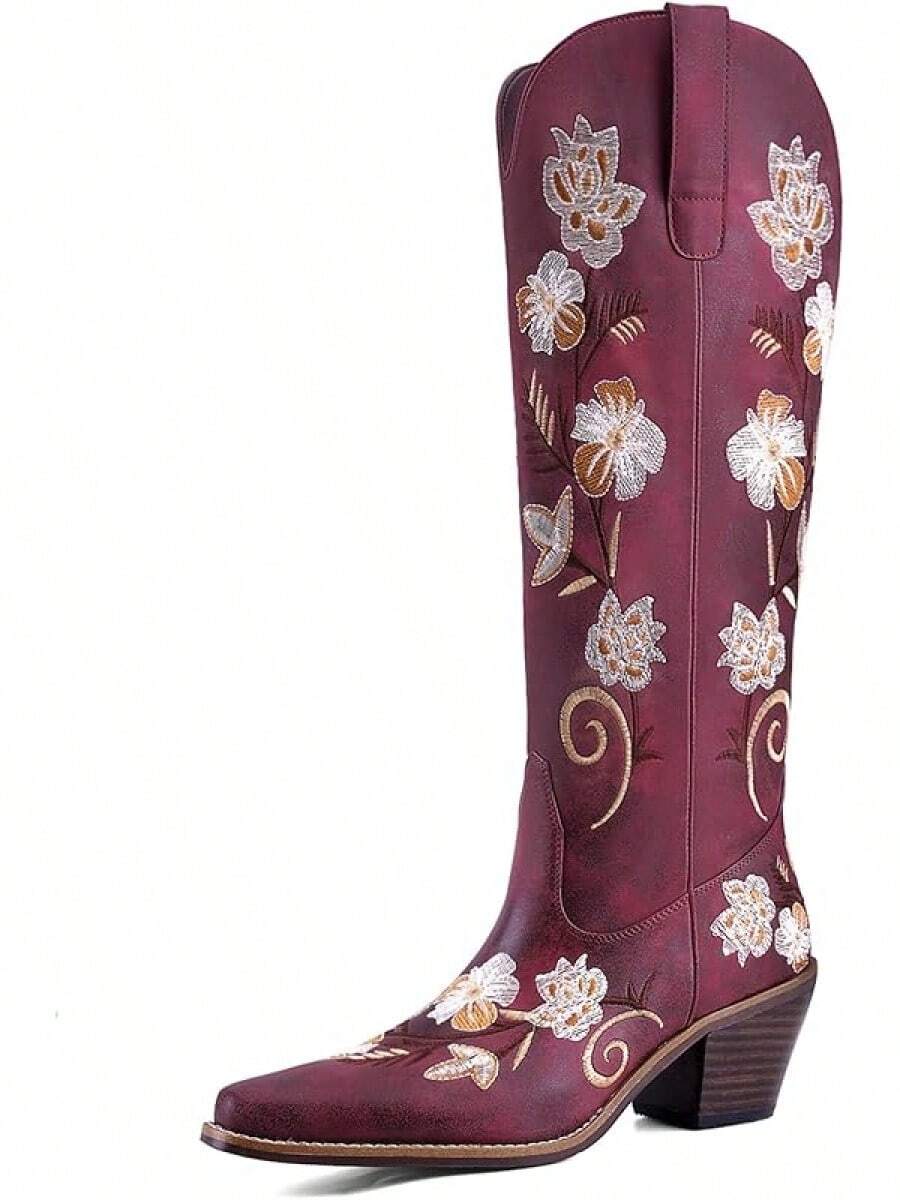 Women's Western Cowboy Boots Knee High, Floral Embroidered Vintage Cowgirl Boots With Pointed Toe & Chunky Heel, Pull-On Tabs For Country Style, Concert, Party And Daily WearChristmas - 熱情勃根地花卉 - 查看 1