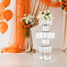 43.3in Tall Wedding Gold Crystal Flower Stand, Square Pedestal Stand, Crystal Flower Rack, Silver Vases Centerpieces Crystal Flower Stand With Hanging Crystals, 5-Tier Square Chandelier Pedestal Stand For Wedding Road Lead T Stage Flower Arrangement Decoration - 銀色 - 查看 7