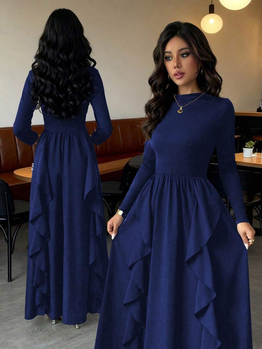 Women's Casual Elegant Modest Ruffle Hem Solid Color Dress, Suitable For Daily, Festivals, Birthday Parties, Valentine's Day And Other Occasions In Autumn Spring - Royal Blue - View 1