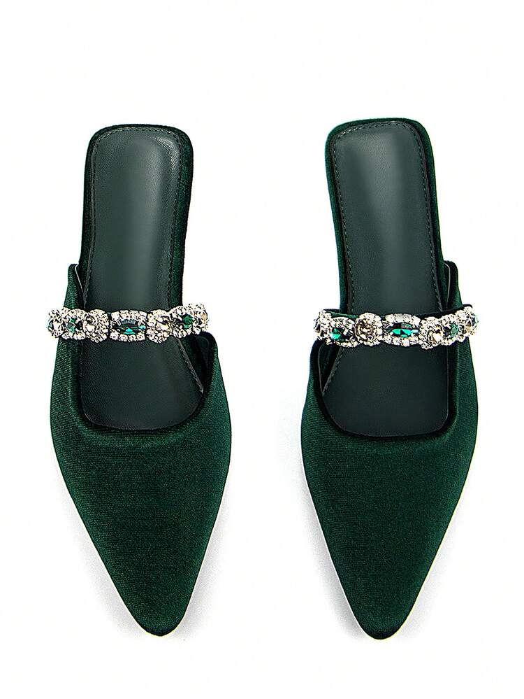 Women's Luxurious Fully Rhinestoned Jewel Chain Strap Decor Velvet Pointed Toe Flat Mule Shoes, Comfortable For Daily Wear And Party,Mothers Day Gift - Dark Green - View 1