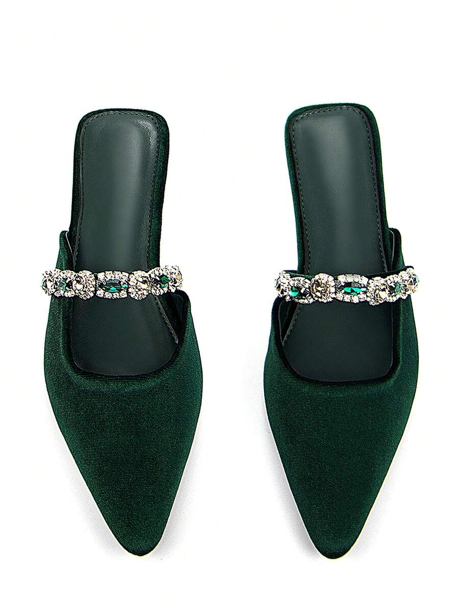 Women's Luxurious Fully Rhinestoned Jewel Chain Strap Decor Velvet Pointed Toe Flat Mule Shoes, Comfortable For Daily Wear And Party - Dark Green - View 1