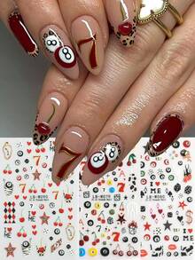 Hình dán móng tay họa tiết Y2K Pool 8 Ball Dice Leopard Cherry 7, họa tiết kẻ caro đỏ đen hình bài poker Leopard, trang trí móng tay sáng tạo, hình dán móng tay tự dính thiết kế năm 2025, dụng cụ làm móng DIY cho tiệm nail. - Nhiều màu - Xem 1