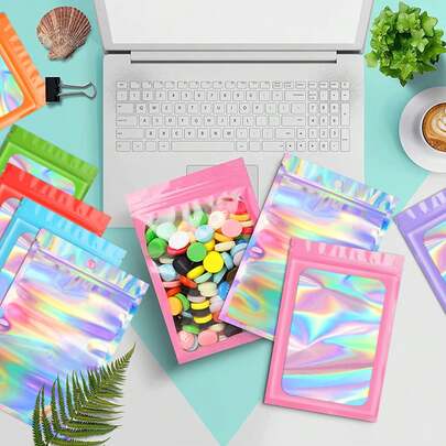 100个可重复使用的自封袋，全息炫彩塑料密封袋，带透明窗口，适用于派对礼品、珠宝、化妆品、美甲工具收纳