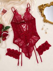 3件套女士性感无袖红色蕾丝内衣套装，采用交叉腰带、蝴蝶结细节和蕾丝吊袜带设计。轻薄迷人的蕾丝材质，适合私密场合和情人节 - 紅色 - 查看 9
