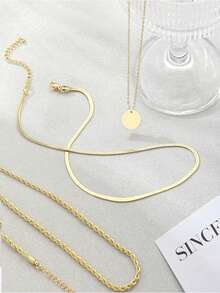 3Layered/Set Golden Plated Layering Necklaces For Women Golden Necklace Set, Cuban Link, Snake Chain, Paperclip Layered Chains, Twisted Rope And Twisted Chain, Layering Necklace - Gold - View 3