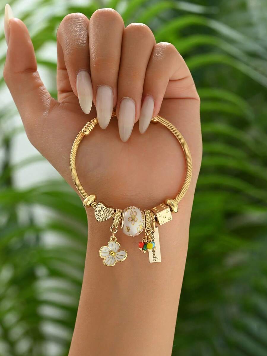 1 pieza Pulsera ajustable con lindo colgante floral, adecuado para uso diario (posición de los rhinestones al azar) - Dorado - Ver 1