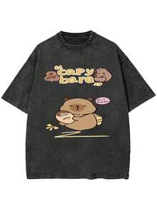 Daily Leisure Theme Capybara With Bread Speech Bubble Letters Print  Washable Short-Sleeve Top, Playful Cartoon Capybara Holding Bread With Speech Bubble And Letters Combination, Short Sleeve Casual Style.Jpg - 黑色 - 查看 1