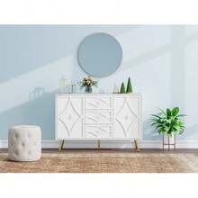 Elegante Kommode mit Rautenmuster – Weißes Sideboard mit 3 Schubladen & 2 Türen, Goldfüße, 120*40*80 cm, Modernes Design für Wohnzimmer, Flur oder Schlafzimmer - Blanc - Voir 5