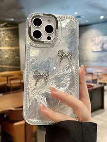 Bow-Knot 1pc Minimalist Feather Chiffon Silver Bowknot Metal Full Coverage Phone Case, Compatible With IPhone 17/17 Air/17 Pro/17 Pro Max/16/15/14/13/12/11/Pro Max/Pro/Plus, TPU Soft Full Frame Case With Rhinestone Lens Protection - Clear - View 5