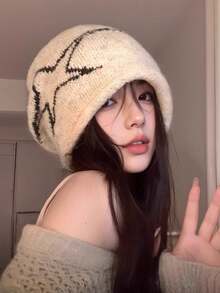 New Autumn And Winter Knitted Wool Pullover Hat With Fleece, Large Head Circumference, Ear Protection, Cold Weather Hat, Rolled Edge Slouchy Beanie - 黑色 - 查看 6