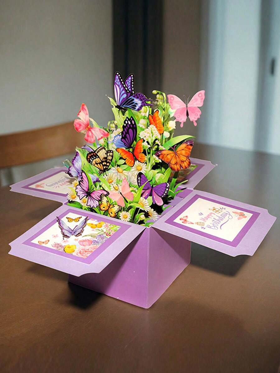 Butterfly Pop Up Card Box, Accompanied By An Exquisite Envelope, Valentine's Day Pop-Up Box, 3D Pop Up Birthday Cards, Happy Birthday Gifts Cards For Women, Daughter, Mom, Sister, Friend, Butterflies & Flowers Greeting Card With Blank Notecard & Envelope - Multicolor - View 1