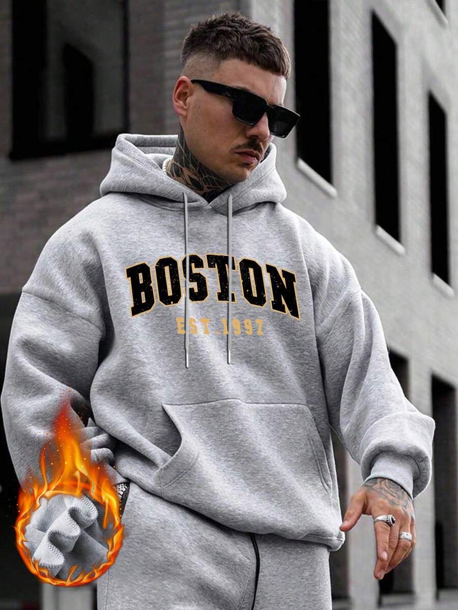 Sudadera con capucha casual con estampado de letra Boston para hombres, de vuelta a la escuela, otoño/invierno - Gris - Ver 1