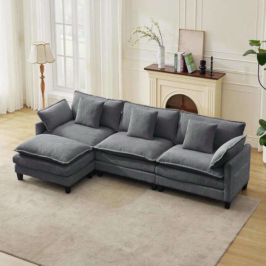 3-Seater Modular Sectional Sofa With 2 Ottomans, Corduroy Deep Seat Couch, Double Layer Cushion, Plush Backrest & Armrest Pillow, Cozy Cloud Couch For Living Room Apartment  146.5" L Modular Sectional Sofa With Ottoman, Corduroy Cloud Couch U-Shaped, Deep Seat Comfy Couch For Living Room, Movable Ottoman & Pillows  112 In U Modular Sectional Sofa, Corduroy Cloud Couch With Movable Ottoman & Throw Pillows, Modern L/U-Shaped Sofa, Comfy Deep Seat Couch For Living Rooms, Offices, Bedroom And Apartment - 灰色-112"-L Shape 3 Seats - 查看 1