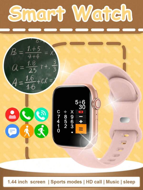 Relógio inteligente multifuncional com tela sensível ao toque de 1,44" e pulseira de silicone, ideal para adolescentes. Possui diversos modos esportivos, controle de câmera, notificações de aplicativos de redes sociais, Bluetooth, é compatível com Android e iOS e perfeito para escola, esportes e outras ocasiões.