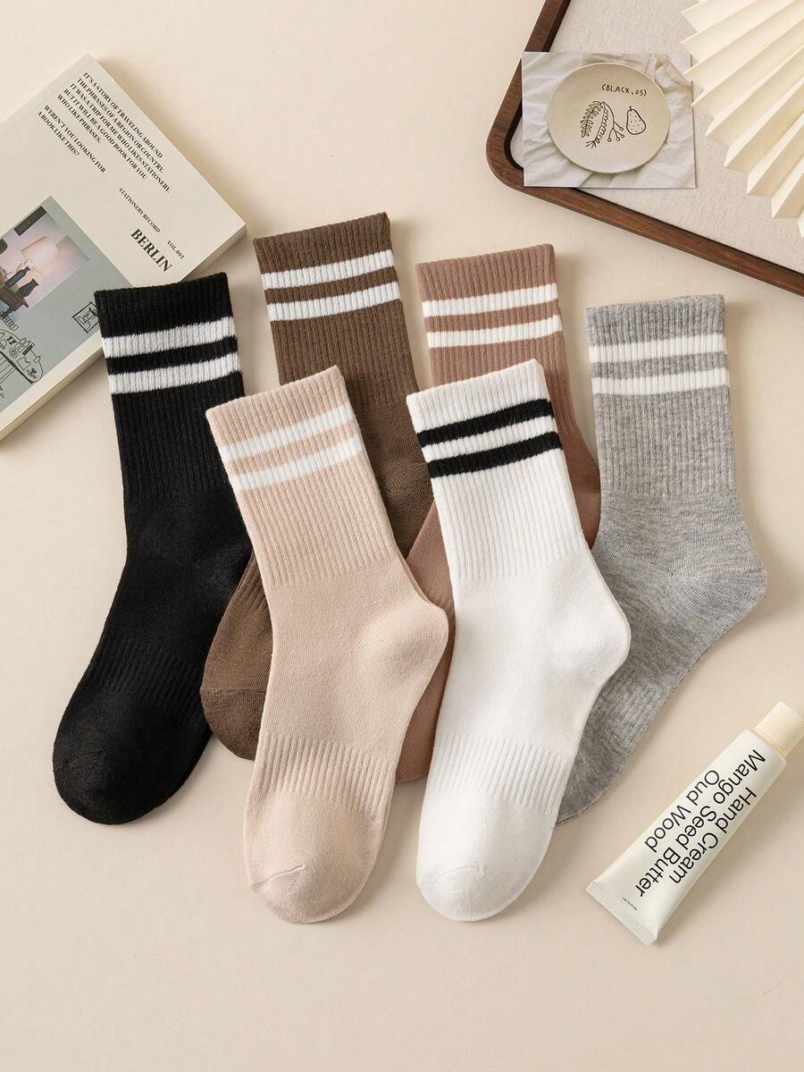6 Pairs Stripe Design Mid-Calf Socks,Business Casual,With Elastic Band, Soft And Comfortable, Suitable For Daily Wear