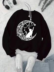Women Casual Crew Neck Graphic Print Sweatshirt Vibrant Red Cat Moon Floral Star Design Cozy Long Sleeve Pullover For Fall Winter Machine Washable Durable Construction - 黑色 - 查看 2