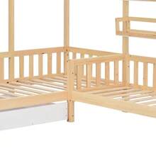 Children's Cabin Bed With Drawers And Shelves, Solid Wood With Guardrail And Slatted Base, L-Shaped Structure, Natural (90x200 Cm+140x70cm) - Natural Color - View 11