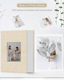 1pc Photo Album 4x6in With 100 Pockets,Slip-In Picture Albums,Linen Cover Memory Book With Front Window,White Page Vertical Photo Book For Wedding,Family,Anniversare,,Vacationi - Beige - View 4