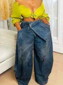 HERTALK Plus Size Daily Blue Asymmetric Button Pocket Washed Denim Jeans - 藍色 - 查看 1