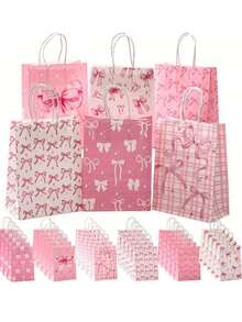 12pcs Valentine's Day Pink Bow Theme Party Gift Bags - Elegant Paper Gift Bags With Handles, Suitable For Weddings, Valentine's Day, Bridal Showers, Birthdays And Special Occasions, Decorated With Bows, Stars And Geometric Patterns, Primarily In Pink Tones, Wedding Party Favors | Distinctive Bow Design | Sturdy Handles Bags, Bridal Shower Gifts - Multicolor - View 1