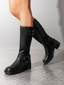 Botas Largas para Mujer, Botas de Motociclista para Dama con Punta Cuadrada - Negro - Ver 3