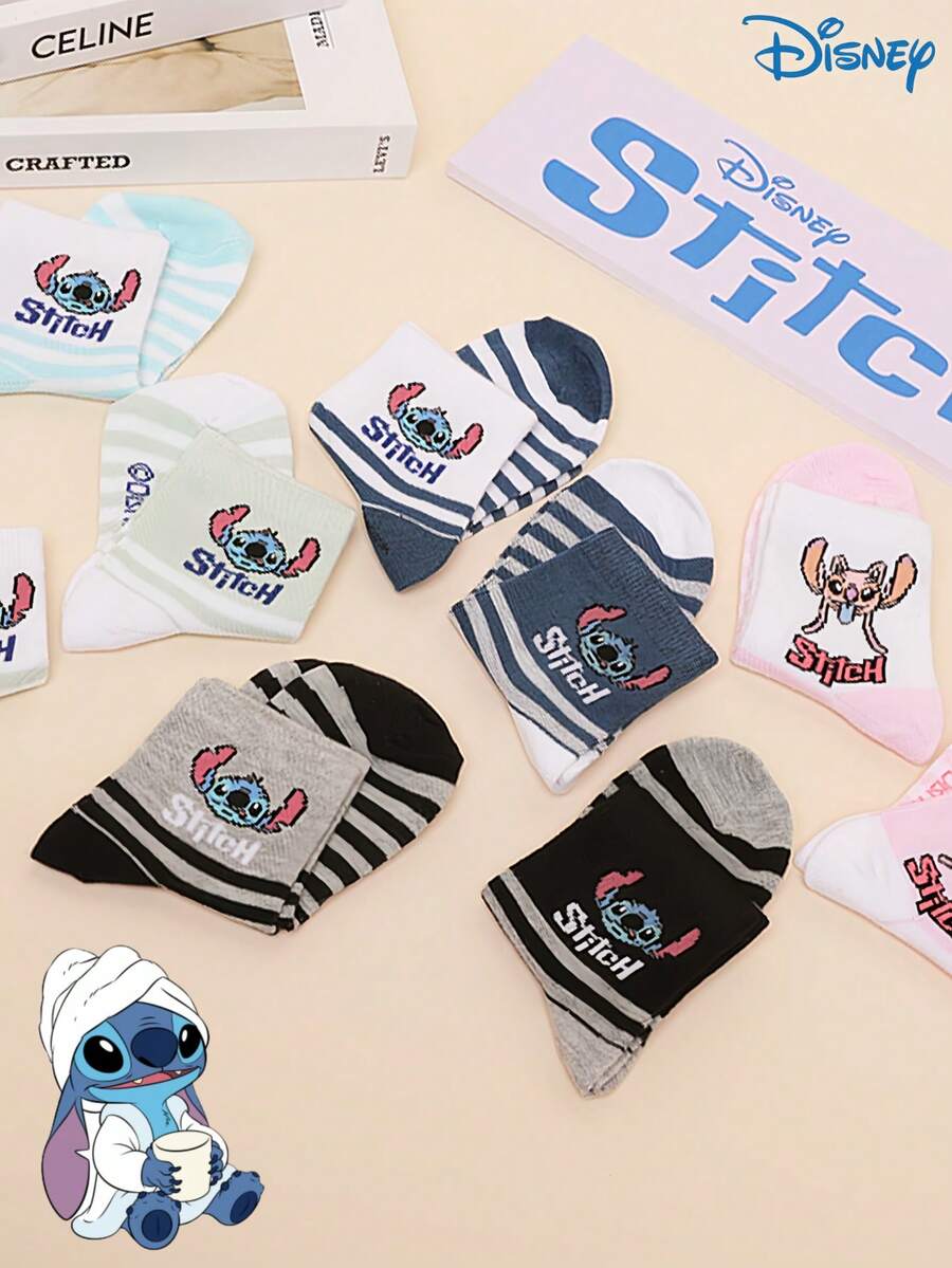 Disney 5 Pairs Stitch Cartoon Cute Personalized Kids Socks, Funny Fashion Casual Comfortable Odor-Resistant Moisture-Wicking Student Socks, Practical And Stylish, Patterned Sweat-Absorbing Low-Cut Socks Suitable For Daily Wear, Back To School And Holiday Gifts, Fast Delivery, Christmas Gift For Kids