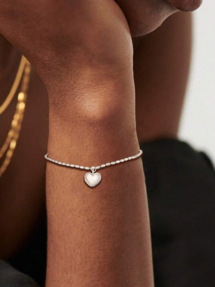 1pc S925 Sterling Silver Bracelet With Minimalist Heart Pendant, Elegant Fashion Jewelry Gift For Women, Mothers, Girlfriends, Friends, Couples, Daily Wear - Silver - View 1