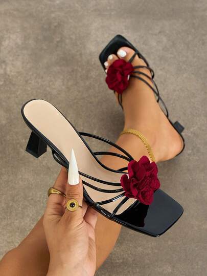 Women's High Heel Shoes, Fashionable For Parties, Outdoor Events, Banquets. Featuring Kitten Heel, Square Toe, Shiny Criss-Cross Straps, Floral Rose Decor, Soft Mirror-Finish Material, Slip-On Design, Elegant And Luxurious Black Color. Suitable For Formal, Casual, Outdoor, Travel Occasions.