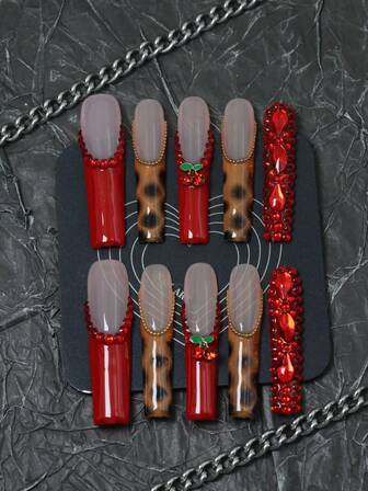 CrystalHola Christmas, 10 Handmade Press-On Nails, Coffin-Shaped French Nails, Red Cherry Leopard Print Design, Hand-Painted, Red Rhinestones, Luxurious, Full-Coverage Design, Removable And Reusable, Durable, Unique Summer Nail Art, A Must-Have Fashion Accessory For Parties And Weddings.